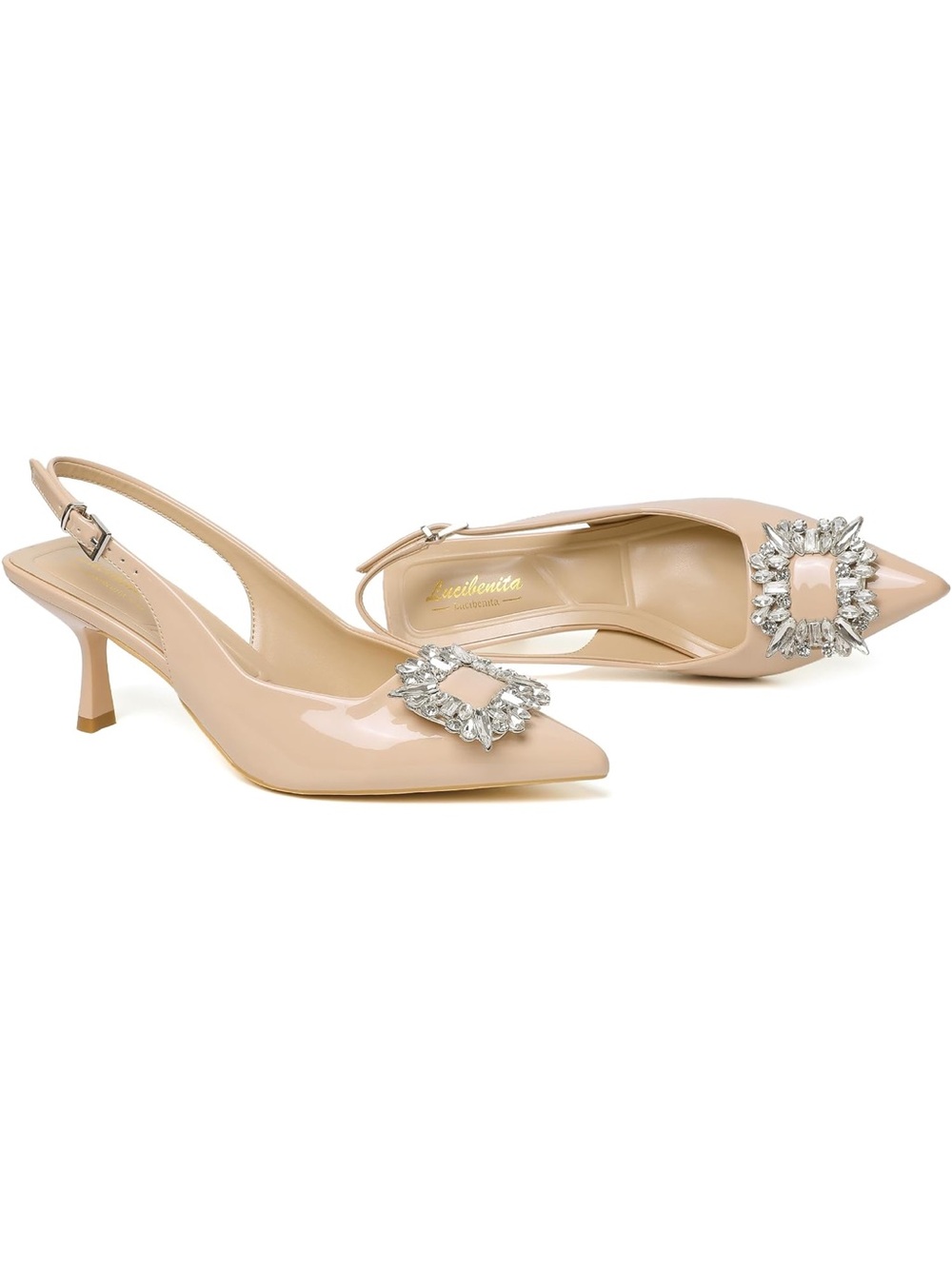 Lucibenita Nude Patent Slingback Kitten Heel with Crystal Buckle